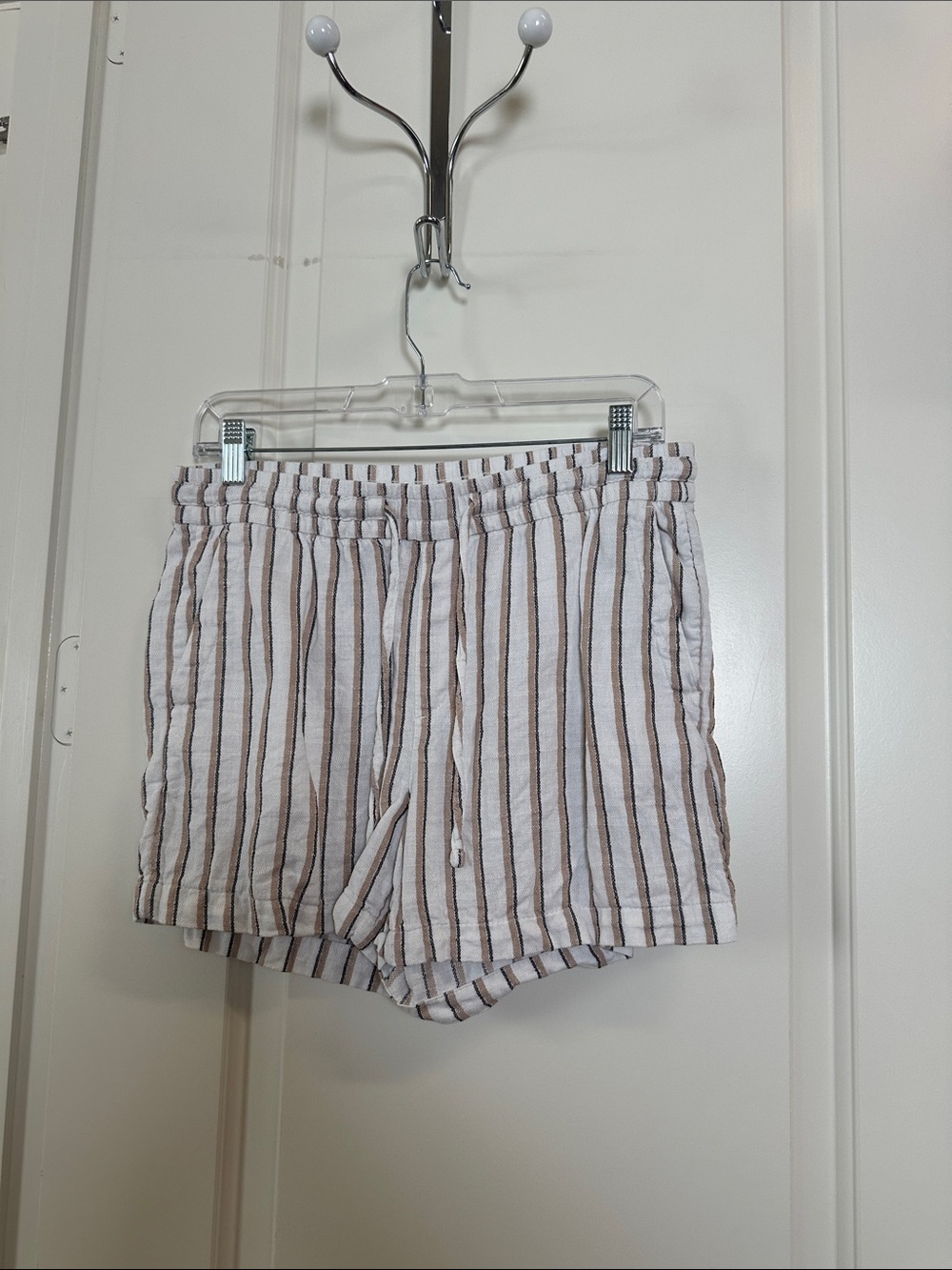 Old Navy White and Brown Striped High-Waist Drawstring Shorts